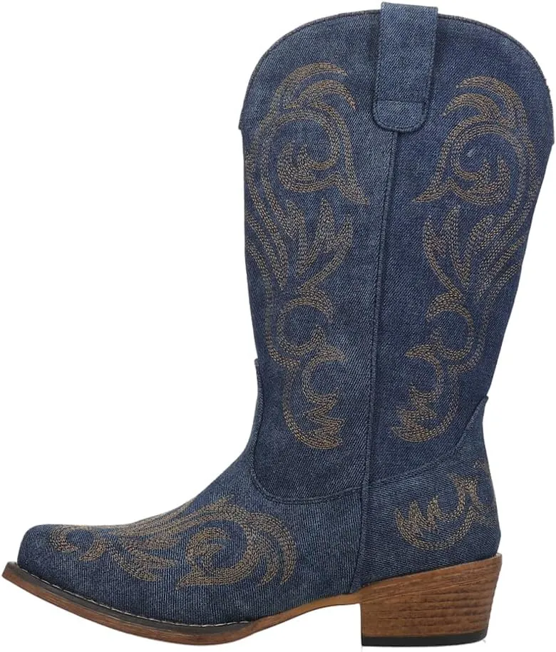 ROPER Womens Riley Denim Embroidered Snip Toe Casual Boots Mid Calf Low Heel 1-2" - Blue