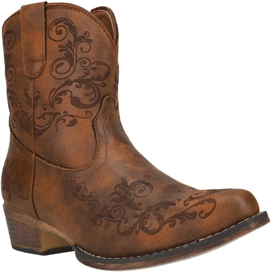 ROPER Womens Short Stuff Embossed Snip Toe Casual Boots Ankle Low Heel 1-2" - Brown