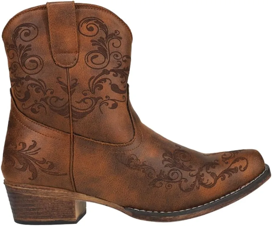 ROPER Womens Short Stuff Embossed Snip Toe Casual Boots Ankle Low Heel 1-2" - Brown