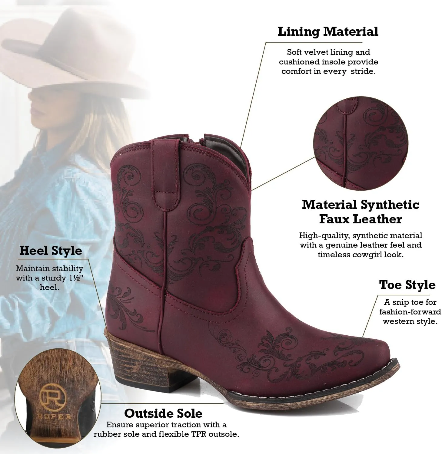 ROPER Womens Short Stuff Embossed Snip Toe Casual Boots Ankle Low Heel 1-2" - Brown