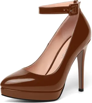 ROSERWISH Womens Ankle Strap Platform Elegant Pointed Toe Night Club Buckle Sexy Patent Stiletto High Heel Pumps Dress Shoes 4.7 Inch