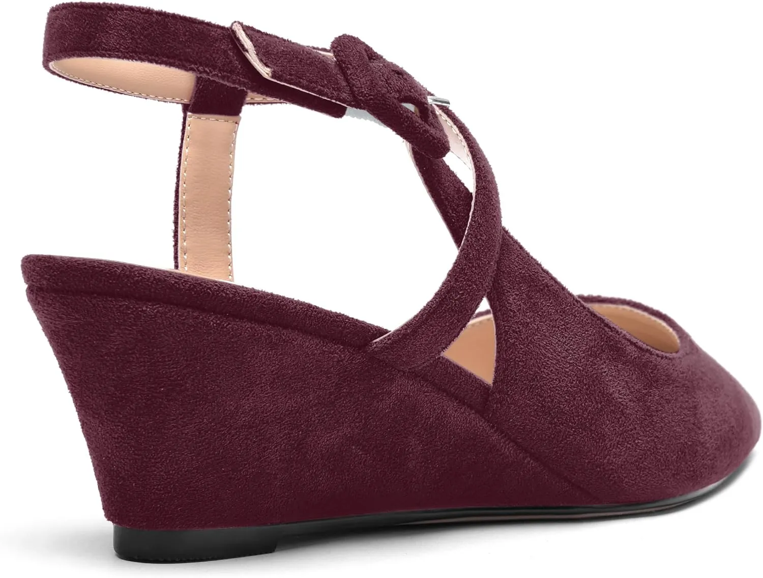 ROSERWISH Womens Buckle Ankle Strap Wedding Suede Fashion Elegant Pointed Toe Wedge Low Heel Pumps Dress Shoes 2 Inch