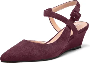 ROSERWISH Womens Buckle Ankle Strap Wedding Suede Fashion Elegant Pointed Toe Wedge Low Heel Pumps Dress Shoes 2 Inch