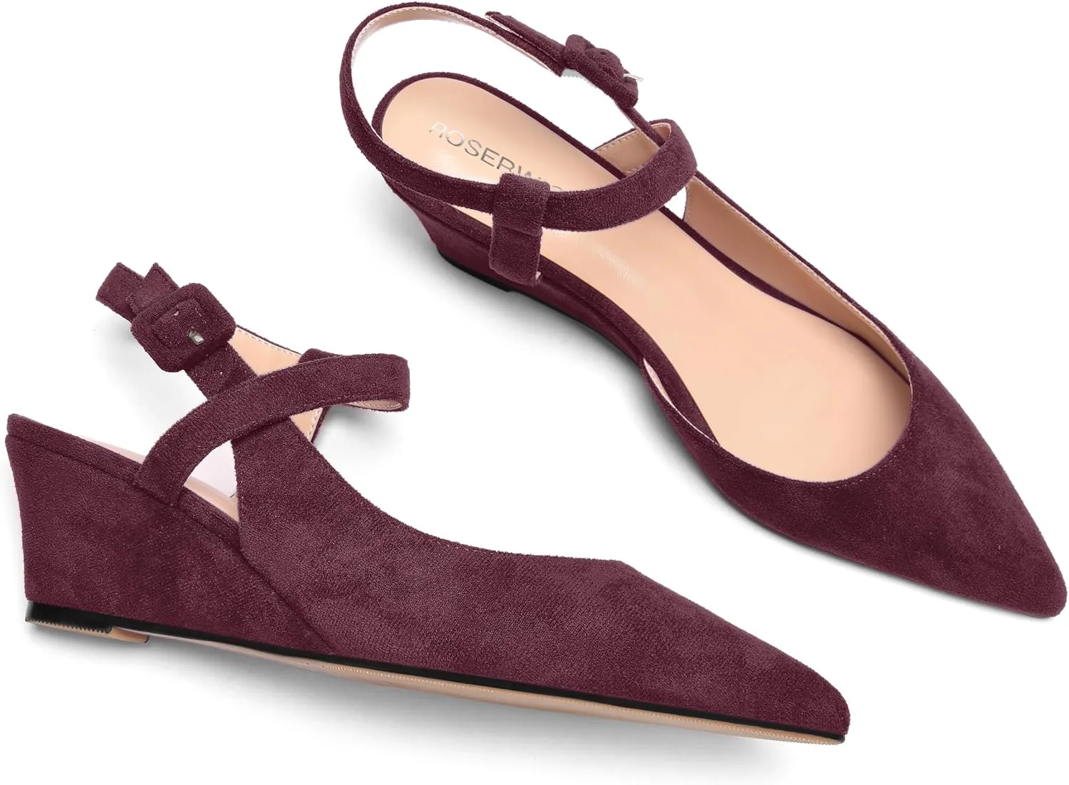 ROSERWISH Womens Buckle Ankle Strap Wedding Suede Fashion Elegant Pointed Toe Wedge Low Heel Pumps Dress Shoes 2 Inch