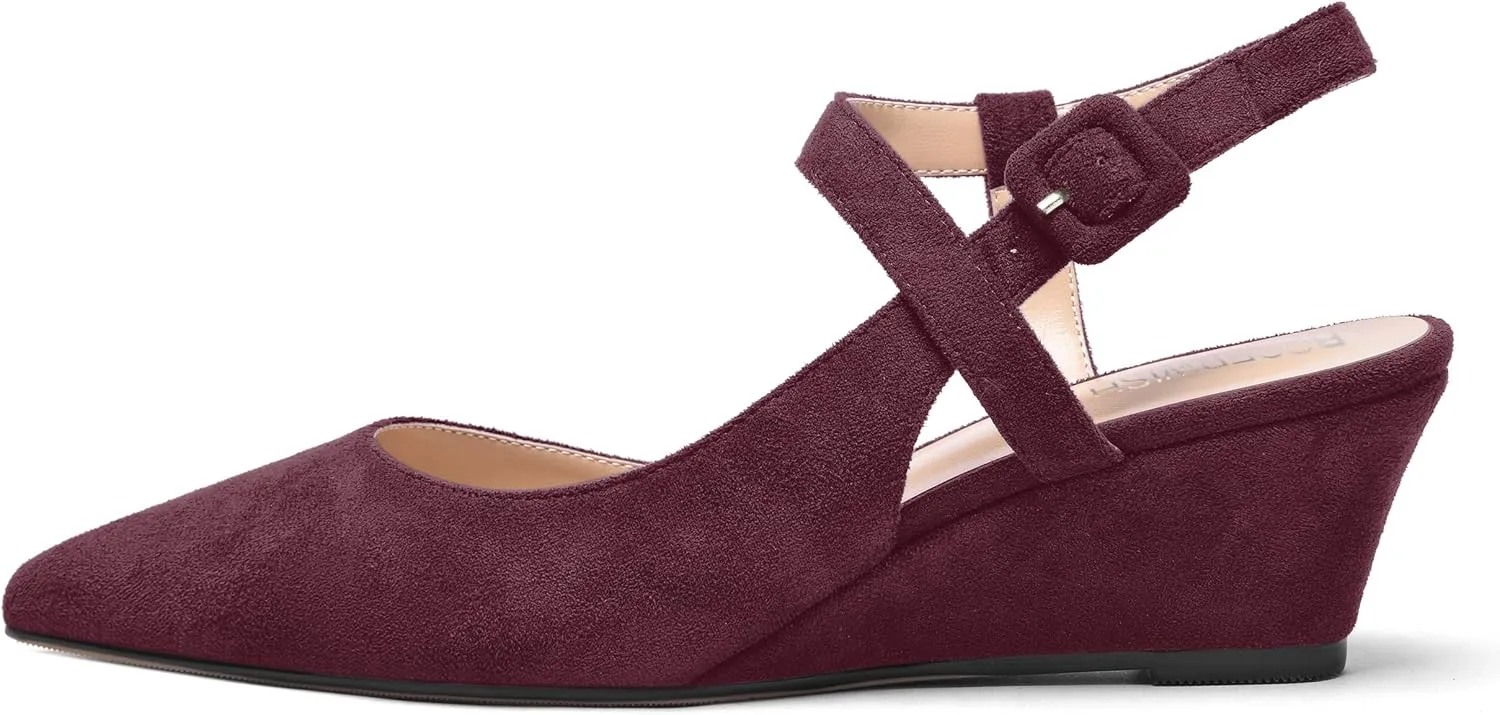 ROSERWISH Womens Buckle Ankle Strap Wedding Suede Fashion Elegant Pointed Toe Wedge Low Heel Pumps Dress Shoes 2 Inch