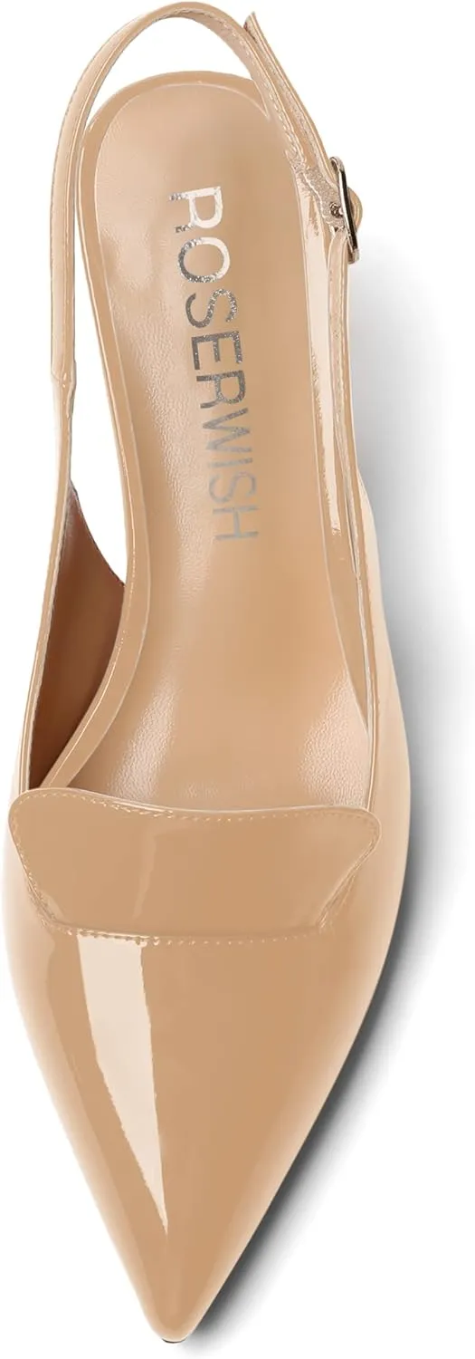 ROSERWISH Womens Sexy Elegant Slingback Patent Pointed Toe Work Stiletto Mid Heel Pumps Dress Shoes 2.5 Inch