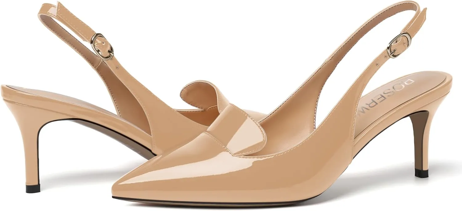 ROSERWISH Womens Sexy Elegant Slingback Patent Pointed Toe Work Stiletto Mid Heel Pumps Dress Shoes 2.5 Inch