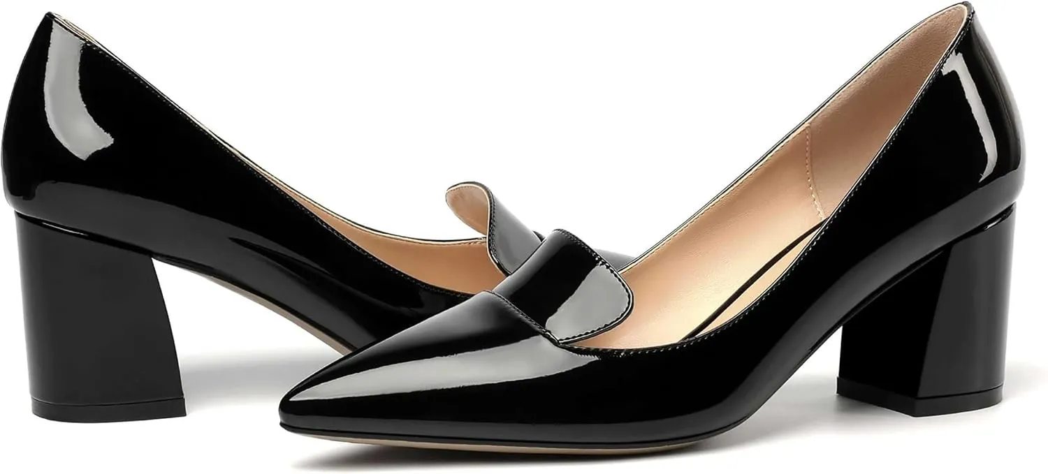 ROSERWISH Womens Slip On Pointed Toe Elegant Sexy Patent Party Chunky High Heel Pumps Dress Shoes 2.5 Inch