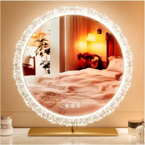 Round Vanity Mirror with Lights, Led Table Mirror, Cosmetic Mirror for Bedroom, Makeup Mirror 3 Colors Lighted and Stepless Dimmable(Gold,24cm/9.4in)