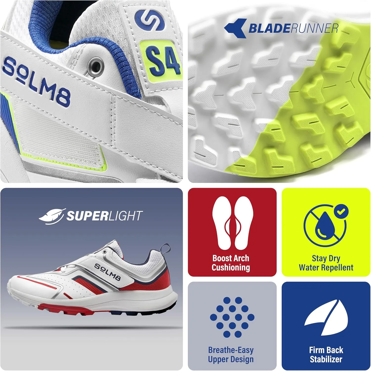 S4 Lightweight Cricket Shoes for Men Fast Strap Rubber Spikes, Water-Resistant Footwear for Outdoor and Field Sports with All Round Performance