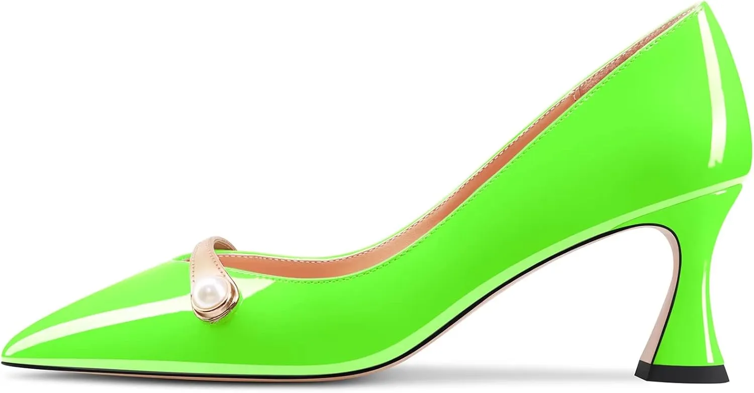 Saekcted Women Chunky Block Mid Heel Pointed Toe Pumps Slip-on Pearls Prom Dress 2.6 Inches Heels