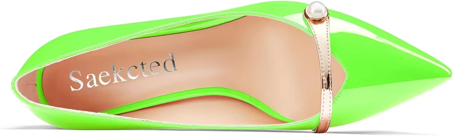 Saekcted Women Chunky Block Mid Heel Pointed Toe Pumps Slip-on Pearls Prom Dress 2.6 Inches Heels