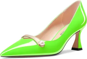 Saekcted Women Chunky Block Mid Heel Pointed Toe Pumps Slip-on Pearls Prom Dress 2.6 Inches Heels