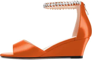 Saekcted Women Chunky Block Wedge Mid Heel Peep Open Toe Sandals Ankle Strap Diamond Crystal Wedding Party Dress 2.0 Inches Heels