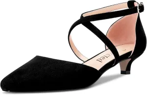 Saekcted Women Girl Low Kitten Heel Close Square Toe Cross-Strap Pumps Classic Cute Dress 1.4 Inches Heels