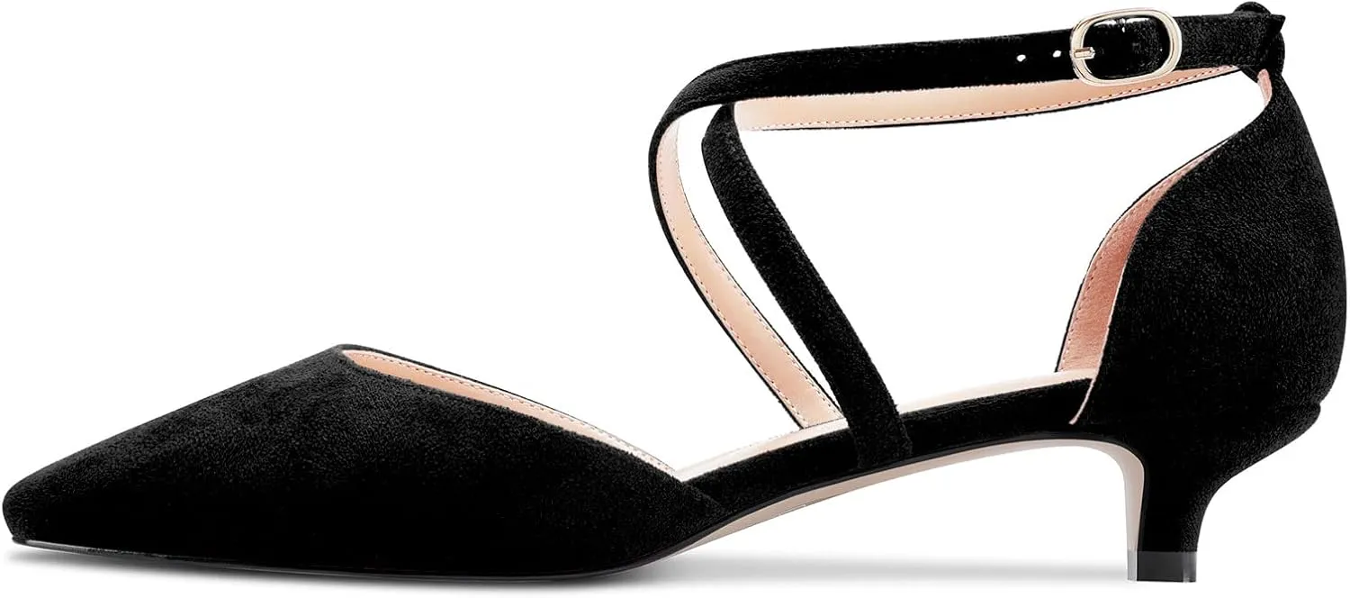 Saekcted Women Girl Low Kitten Heel Close Square Toe Cross-Strap Pumps Classic Cute Dress 1.4 Inches Heels
