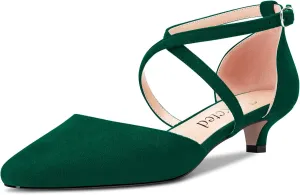 Saekcted Women Girl Low Kitten Heel Close Square Toe Cross-Strap Pumps Classic Cute Dress 1.4 Inches Heels