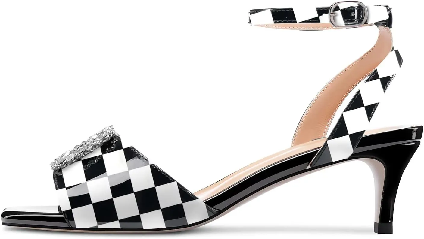 Saekcted Women Mid Heel Peep Open Toe Sandals Ankle Strap Rhinestone Crystal Party Cute Shoes