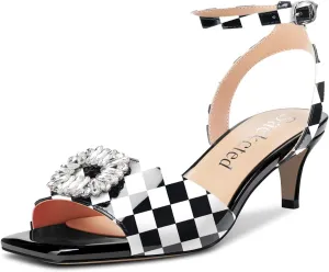 Saekcted Women Mid Heel Peep Open Toe Sandals Ankle Strap Rhinestone Crystal Party Cute Shoes