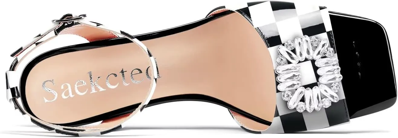 Saekcted Women Mid Heel Peep Open Toe Sandals Ankle Strap Rhinestone Crystal Party Cute Shoes