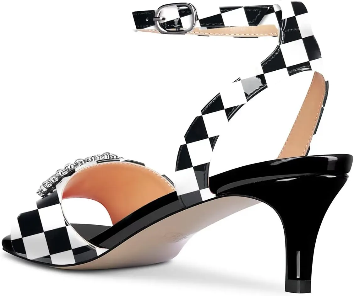 Saekcted Women Mid Heel Peep Open Toe Sandals Ankle Strap Rhinestone Crystal Party Cute Shoes