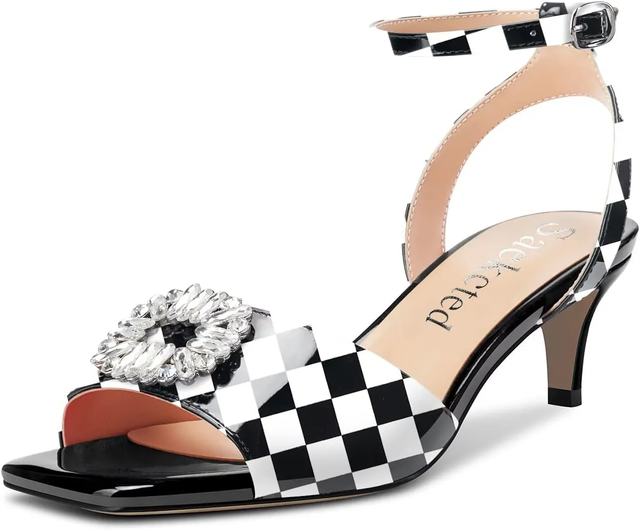 Saekcted Women Mid Heel Peep Open Toe Sandals Ankle Strap Rhinestone Crystal Party Cute Shoes