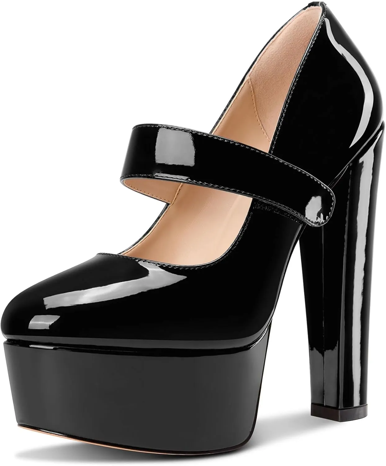 Saekcted Womens Block Chunky High Heel Platform Heel Round Toe Pumps Mary Jane Party Prom Dress Patent Leather 5.9 Inches Heels