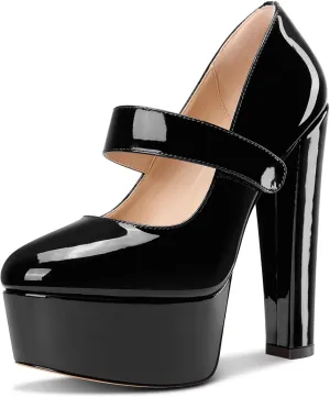 Saekcted Womens Block Chunky High Heel Platform Heel Round Toe Pumps Mary Jane Party Prom Dress Patent Leather 5.9 Inches Heels