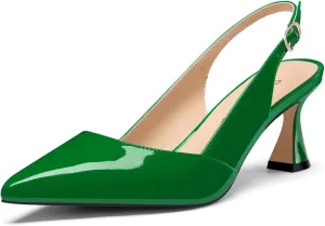 Saekcted Womens Mid Heel Pointed Toe Pumps Ankle Strap Slingback Slip-on Prom Cute Patent Leather Summer 2.6 Inches Heels
