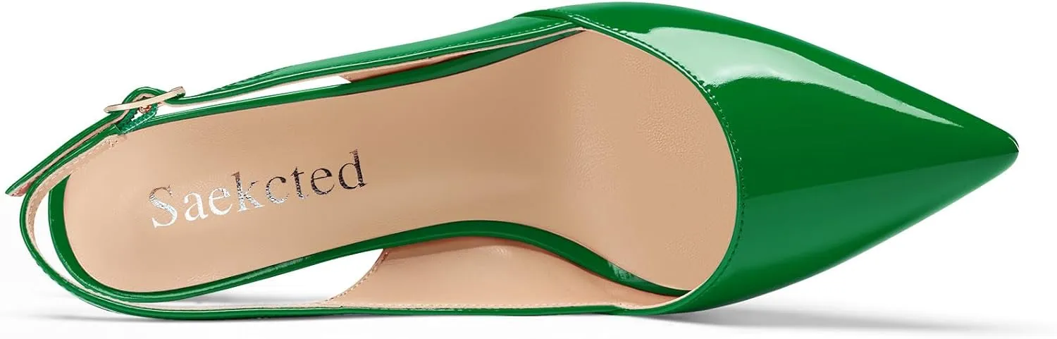 Saekcted Womens Mid Heel Pointed Toe Pumps Ankle Strap Slingback Slip-on Prom Cute Patent Leather Summer 2.6 Inches Heels