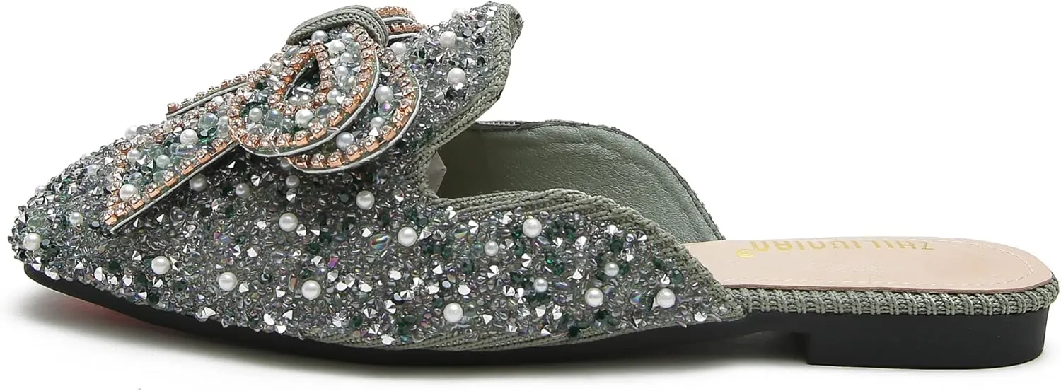 SANIOOOI Women's Pearl Rhinestone Bow Mules,Glitter Square Toe Slip on Flat Ladies Sparkly Baotou Clogs Slippers