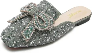 SANIOOOI Women's Pearl Rhinestone Bow Mules,Glitter Square Toe Slip on Flat Ladies Sparkly Baotou Clogs Slippers