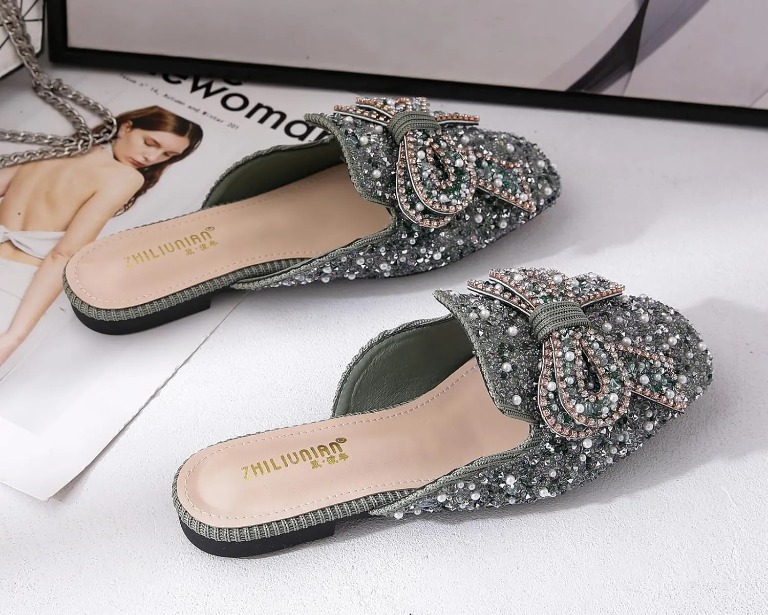 SANIOOOI Women's Pearl Rhinestone Bow Mules,Glitter Square Toe Slip on Flat Ladies Sparkly Baotou Clogs Slippers