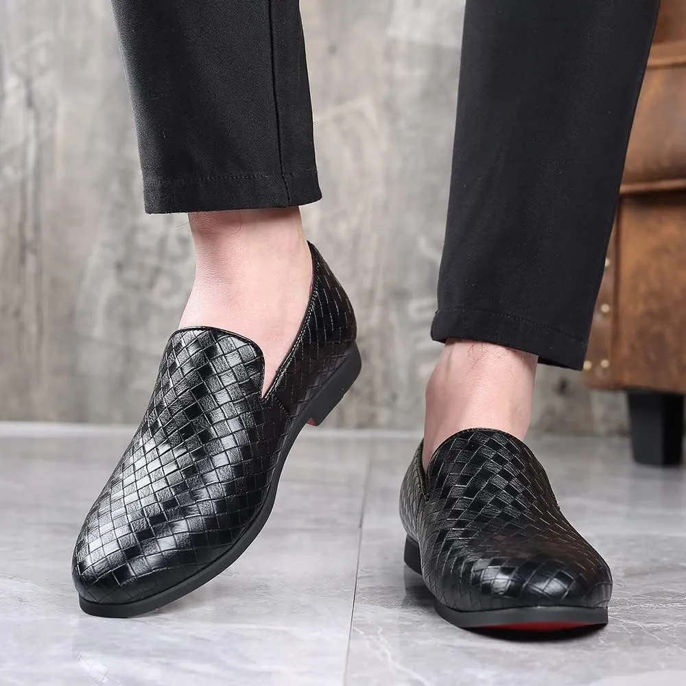 Santimon Men's Woven Moccasin Smoking Loafers Dress Casual Easy Slip-On Leather Formal Lightweight Driving Walking Shoes