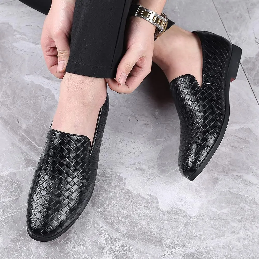 Santimon Men's Woven Moccasin Smoking Loafers Dress Casual Easy Slip-On Leather Formal Lightweight Driving Walking Shoes
