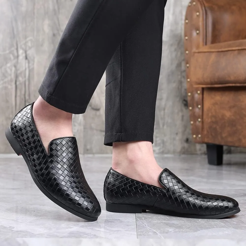 Santimon Men's Woven Moccasin Smoking Loafers Dress Casual Easy Slip-On Leather Formal Lightweight Driving Walking Shoes