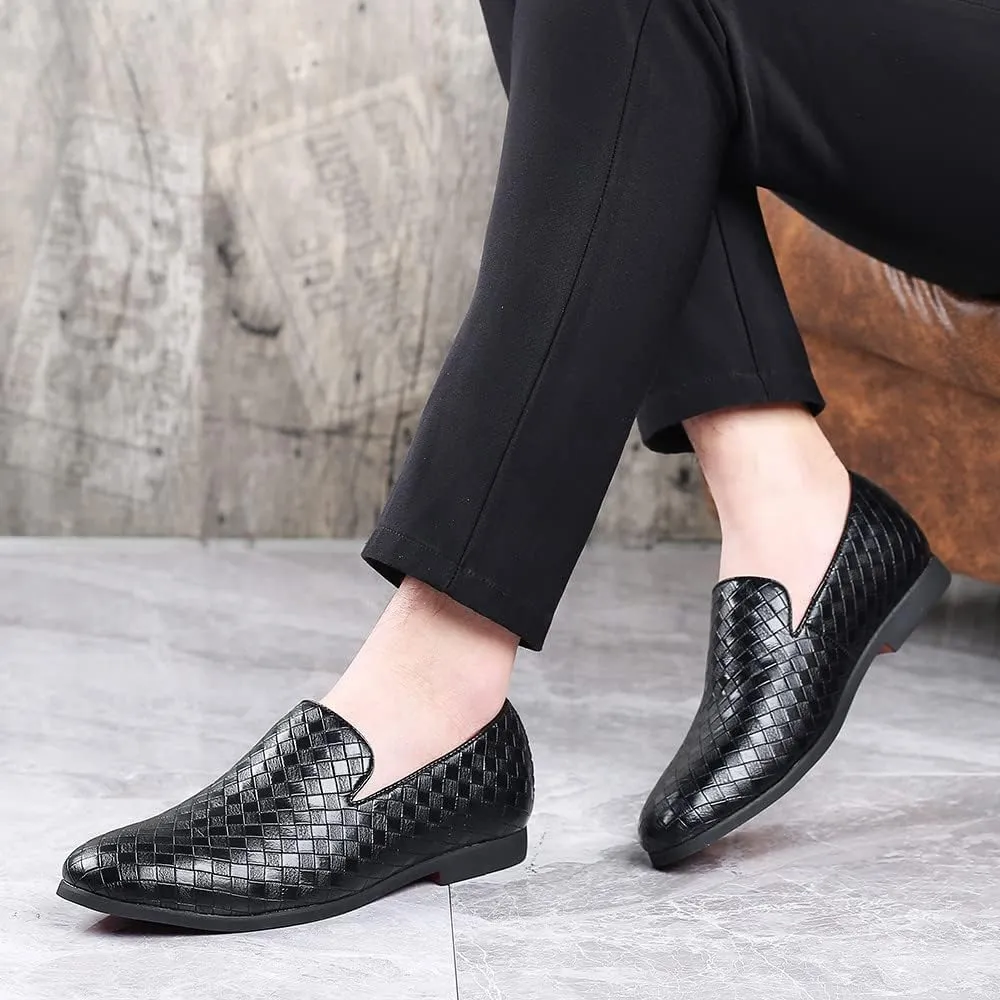 Santimon Men's Woven Moccasin Smoking Loafers Dress Casual Easy Slip-On Leather Formal Lightweight Driving Walking Shoes