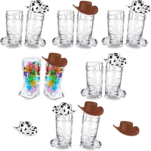 Sawysine 24 Pcs Mini Cowboy Boot Shot Glass Cups Western Cowgirl Hat and Plastic Cowboy Boot Glasses Set Miniature Hat Funny Toys for Cowgirl Theme Party Supplies(Cow Print, Brown)