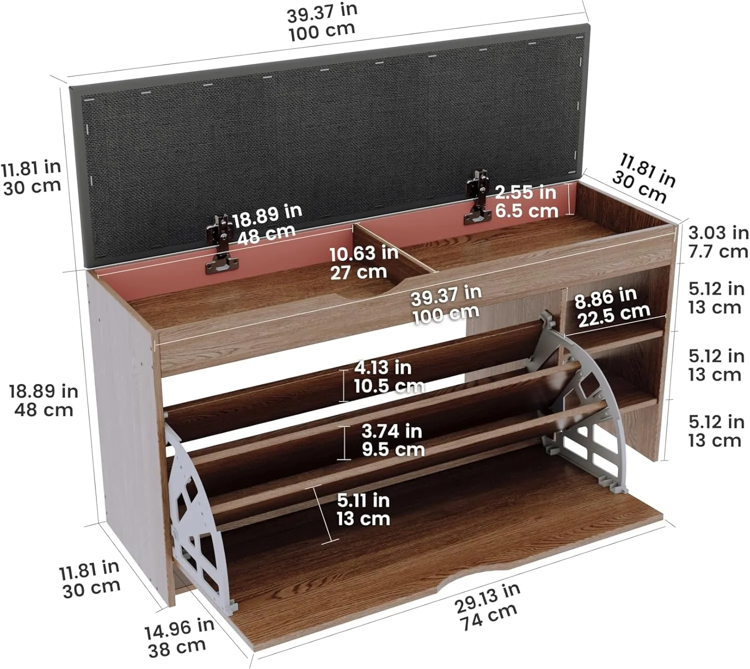 Shoe Storage Bench with Flip Drawer Shoe Bench with Cushion Shoe Cabinet Storage for Entryway Shoe Rack for Bedroom Hallway Living Room Mudroom, 39.37" W, Holds Up to 350 lbs (Brown) (Brown)
