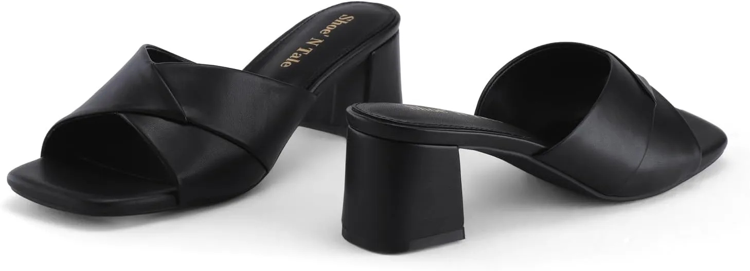 Shoe'N Tale Chunky Heels for Women Square Open Toe Low Block Heeled Sandals Comfortable Slip On Mules Dressy Shoes