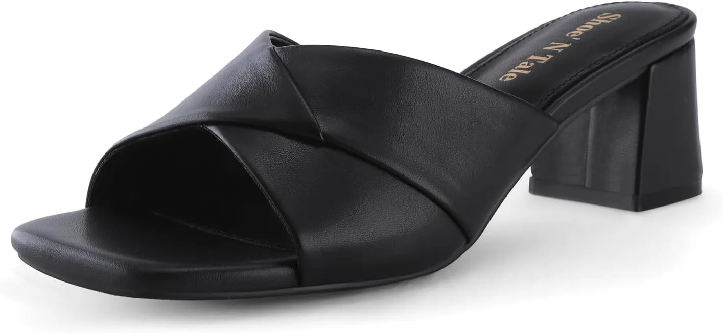 Shoe'N Tale Chunky Heels for Women Square Open Toe Low Block Heeled Sandals Comfortable Slip On Mules Dressy Shoes