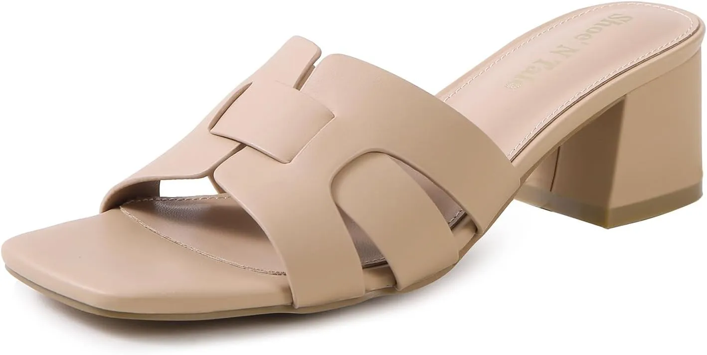 Shoe'N Tale Low Heels for Women Square Open Toe Mules Chunky Block Comfortable Slip On Dressy Sandals