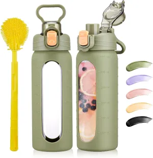 SIEROZUR 20oz Borosilicate Glass Water Bottle with Flip Lid and Silicone Sleeve Reusable Drinking Bottle with Handle for Coffee,Tea and Water,BPA-free Dishwasher Safe
