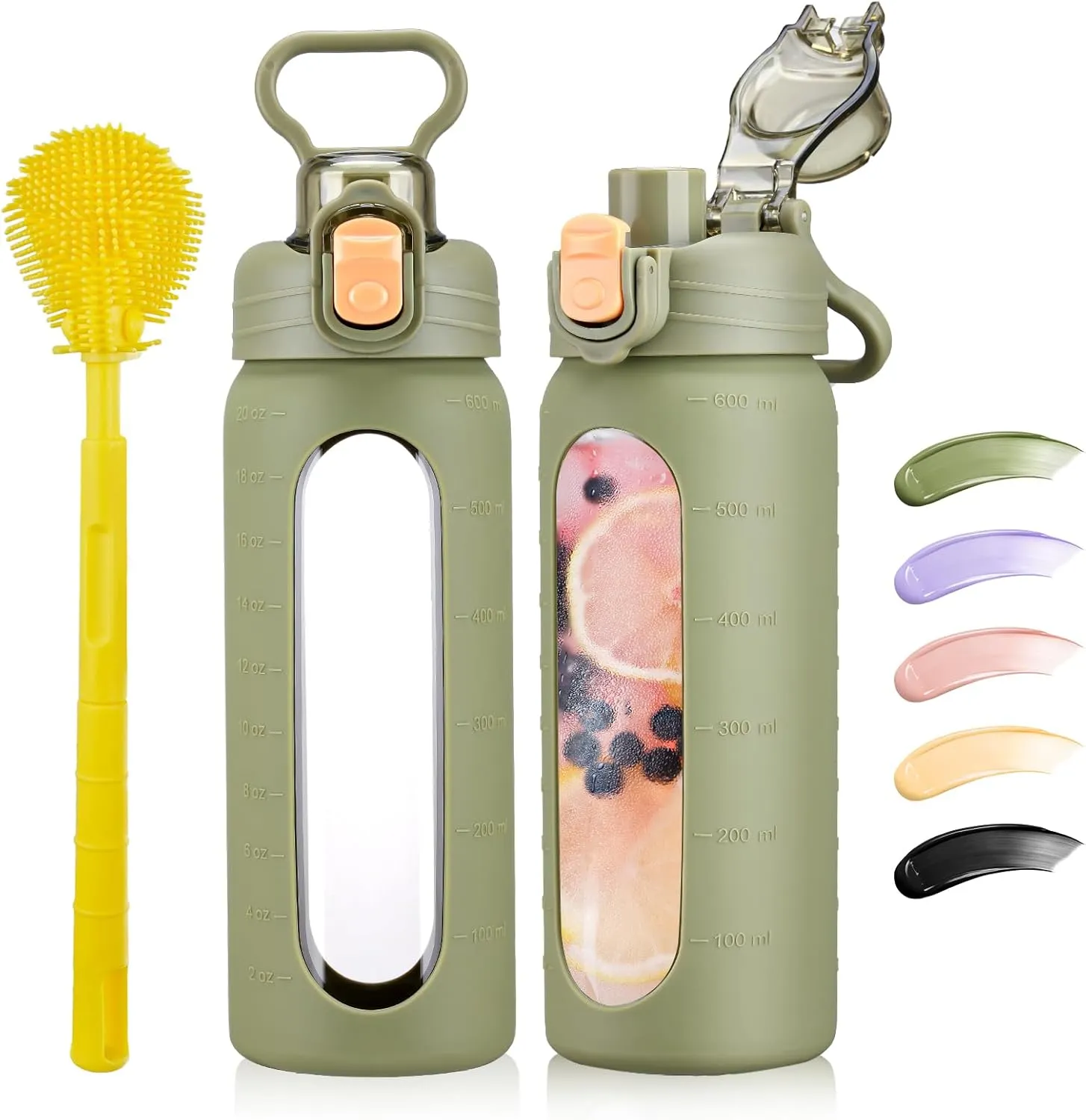 SIEROZUR 20oz Borosilicate Glass Water Bottle with Flip Lid and Silicone Sleeve Reusable Drinking Bottle with Handle for Coffee,Tea and Water,BPA-free Dishwasher Safe