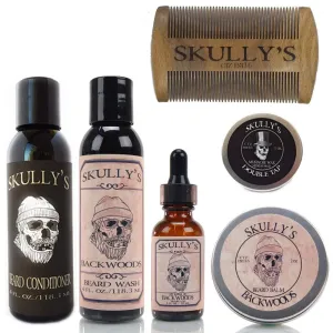 Skully's Ultimate Backwoods Beard Care Kit (Woodsy Eucalyptus, Cedar wood, Fir needle and Dark patchouli Scent) - Beard Oil, Beard Balm, Beard Comb, Beard Conditioner, Mustache Wax for Men