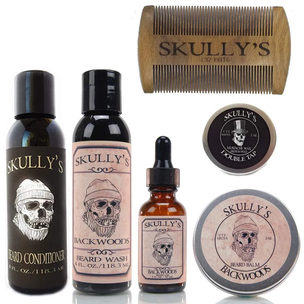 Skully's Ultimate Backwoods Beard Care Kit (Woodsy Eucalyptus, Cedar wood, Fir needle and Dark patchouli Scent) - Beard Oil, Beard Balm, Beard Comb, Beard Conditioner, Mustache Wax for Men