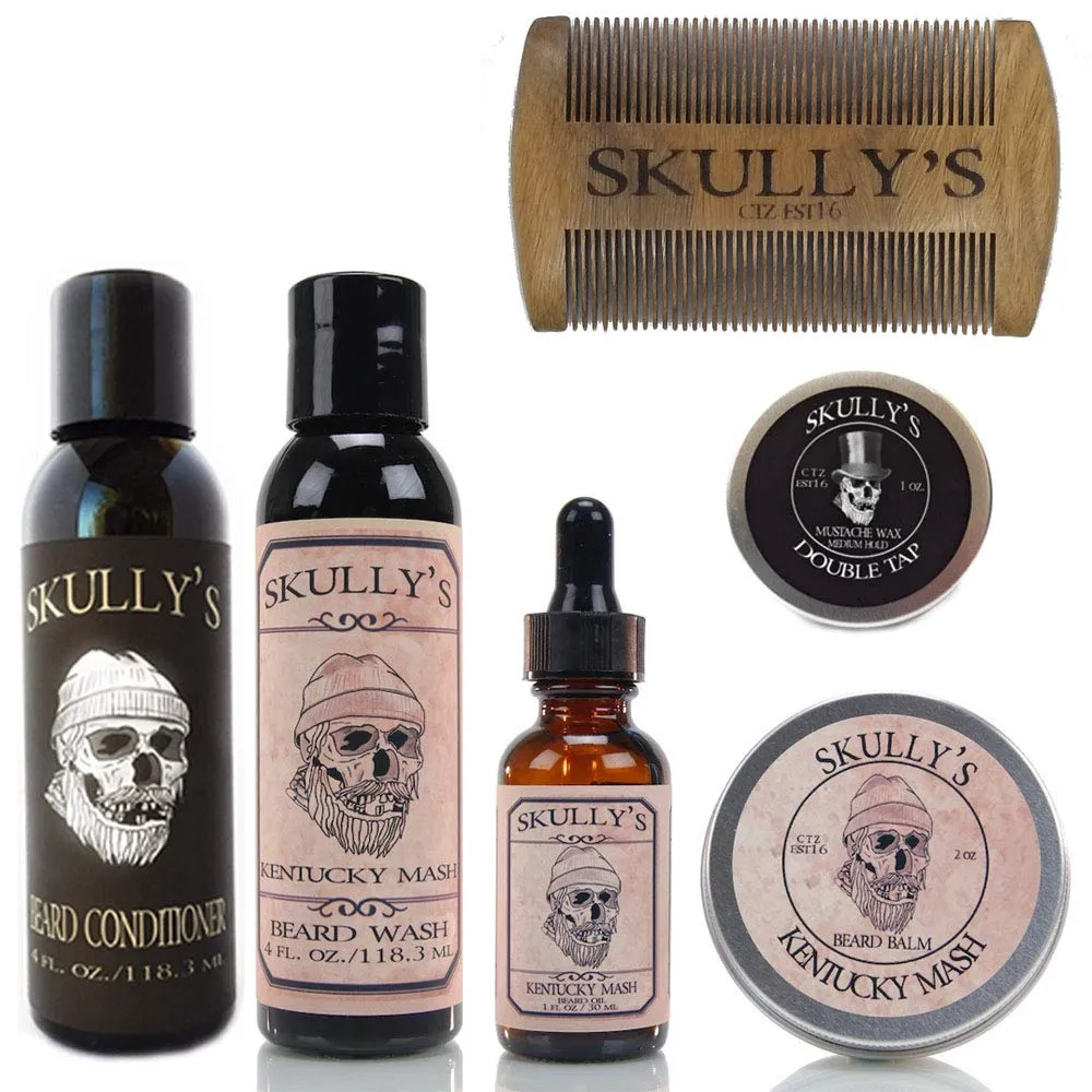 Skully's Ultimate Kentucky Mash Beard Care Kit (Sandalwood & Spice Scent) - Beard Oil, Beard Balm, Beard Comb, Beard Conditioner, Mustache Wax for Men