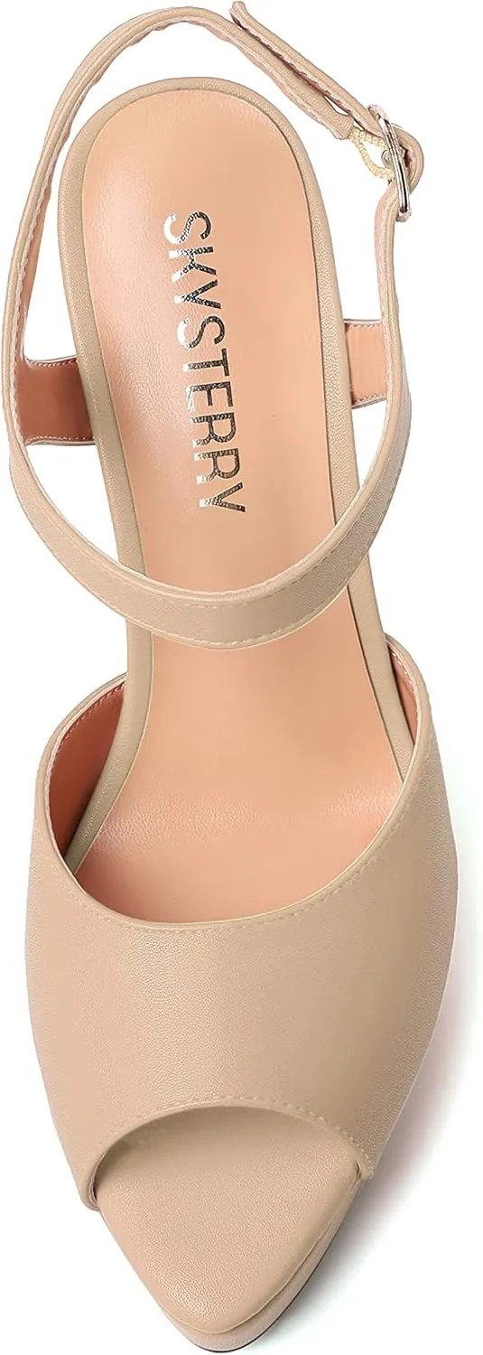SKYSTERRY Womens Matte Dress Wedding Buckle Platform Peep Toe Ankle Strap Stiletto High Heel Pumps Shoes 4.7 Inch