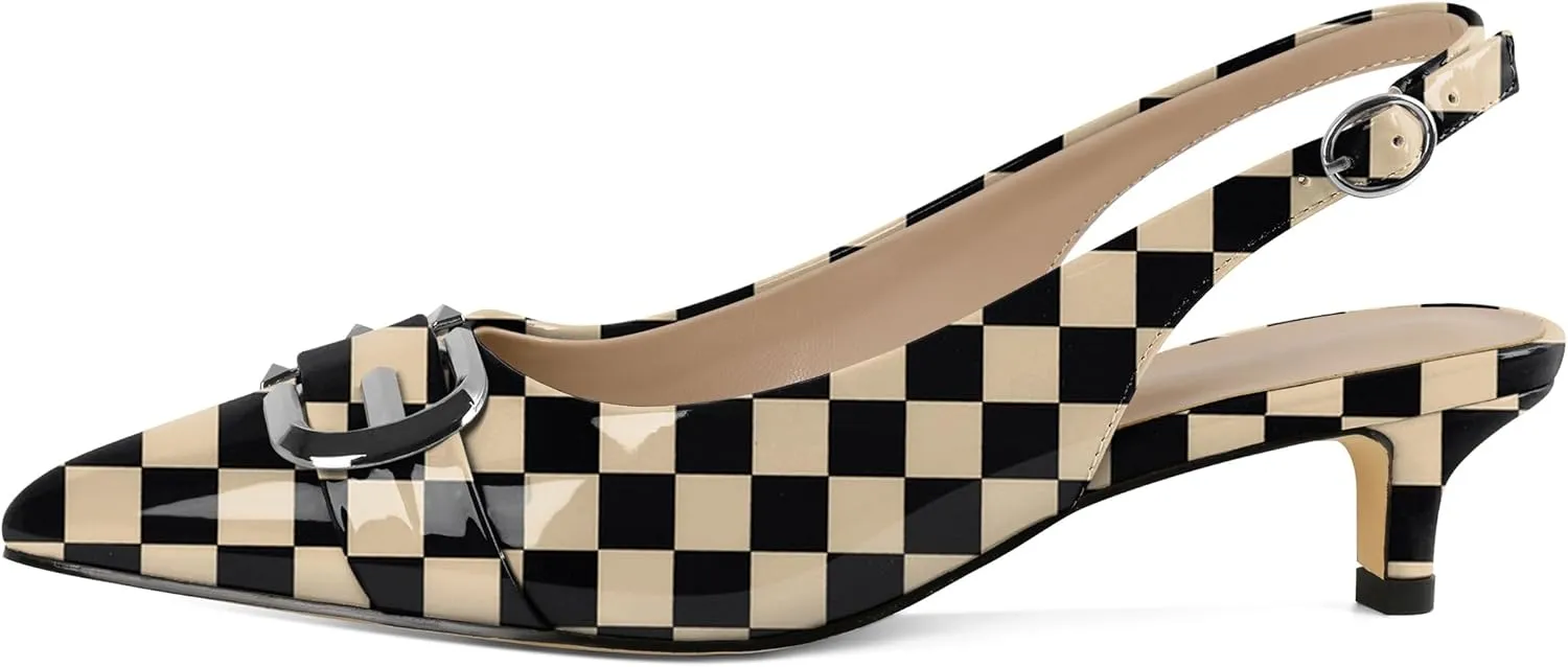 Slingback Kitten Heels for Womens Low Heel Pumps with Mental Buckle Pointed Toe Heels Elegant Comfortable Pumps 1.6 Inch Adorable Pumps