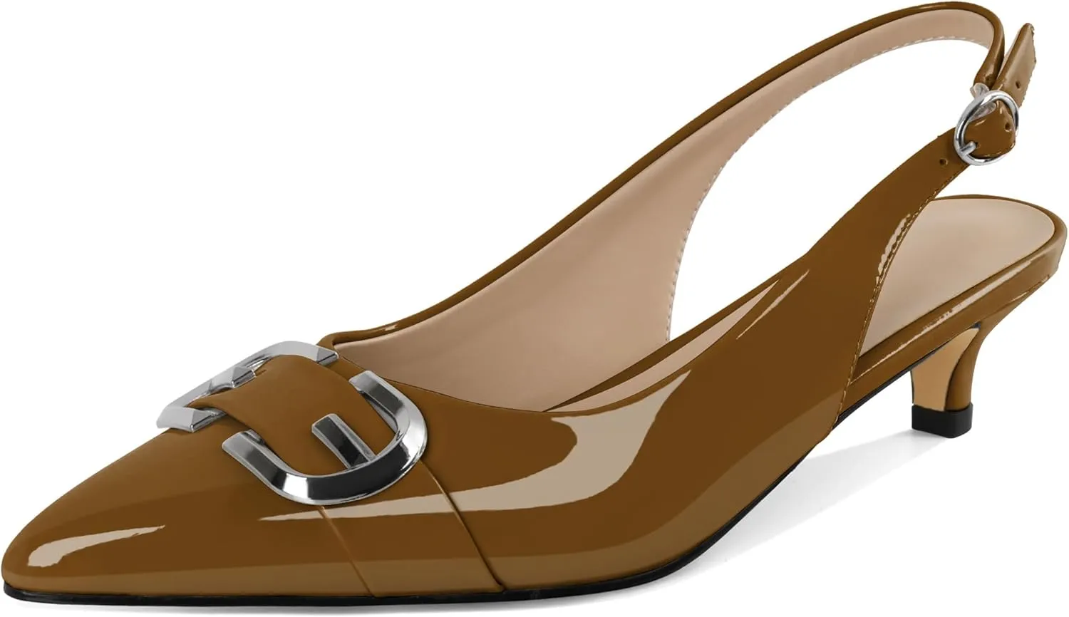 Slingback Kitten Heels for Womens Low Heel Pumps with Mental Buckle Pointed Toe Heels Elegant Comfortable Pumps 1.6 Inch Adorable Pumps